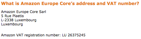 Amazon Europe Core's  address and VAT number