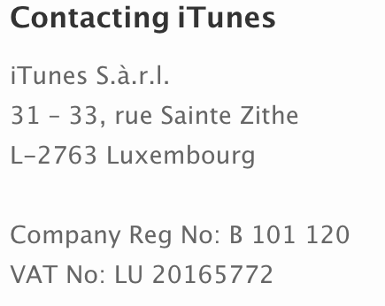 Apple iTunes Address and VAT Number