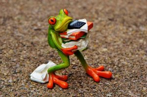 statuette of frog overwhelmed by all the books and papers he's holding