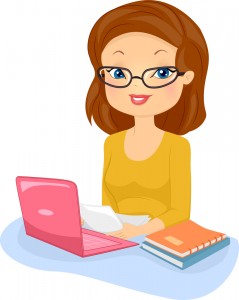 Illustration of a Female Editor in Glasses Reading Documents