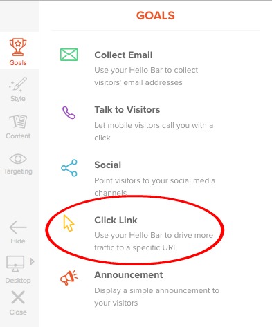 screenshot showing click link goal setting