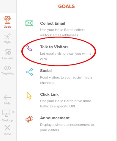 screenshot of talk to visitors goal setting option