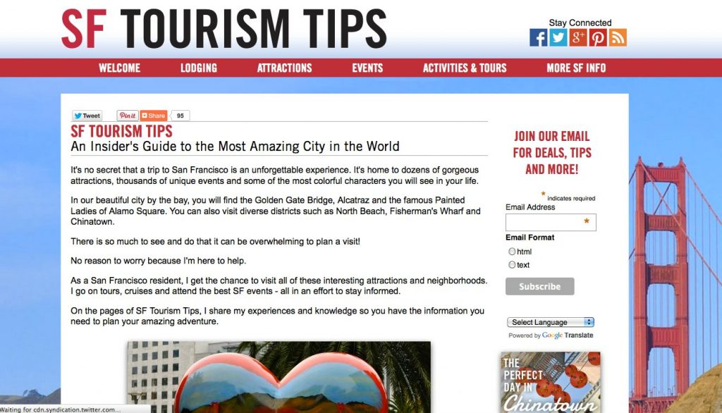SF Tourism Tips' home page before the re-design.