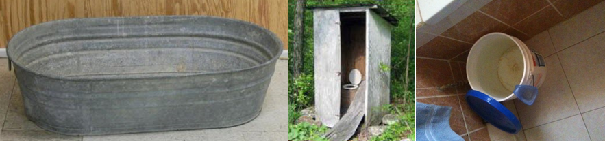 Travis' bath tub and outhouse toilet when growing up.