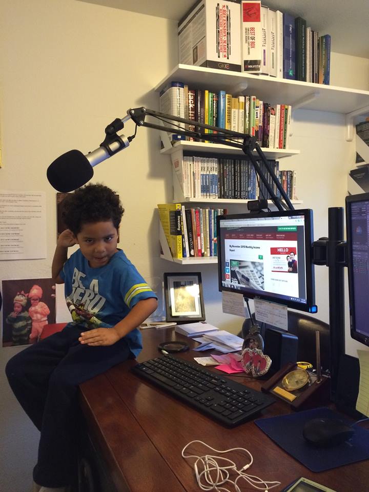 Travis's work-from-home desk. His son Noah thinks it's a cool place to hang out!