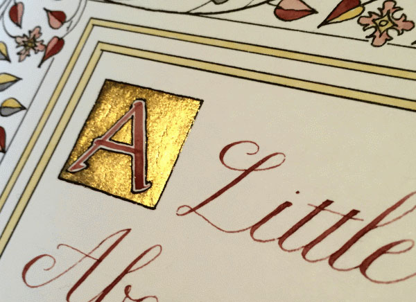 Another example of Katharine's commissioned art work, including a gilded initial.