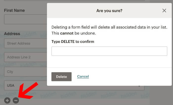 delete a field in email signup form