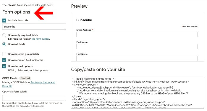 signup form options Mailchimp
