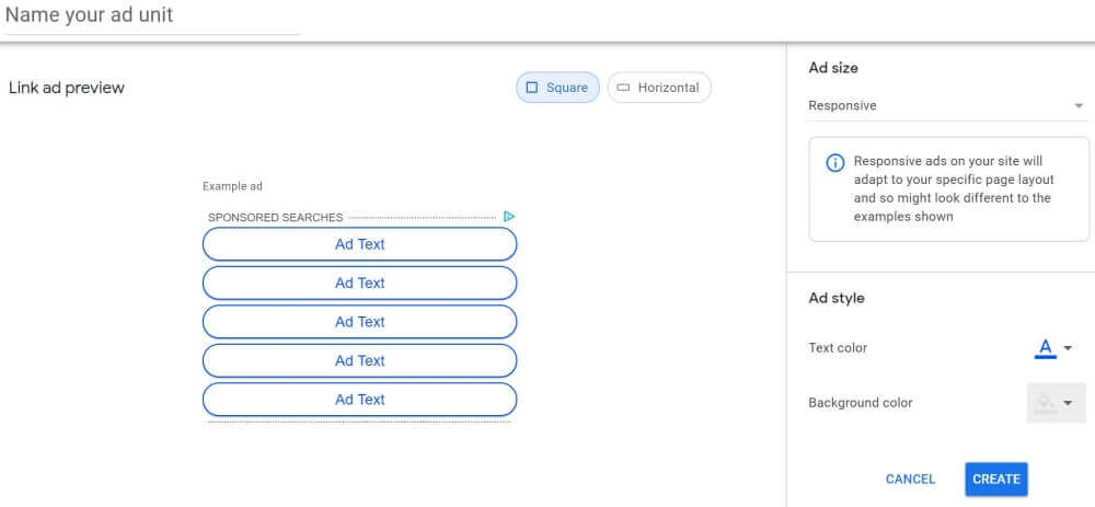 Google Adsense responsive link ad creation