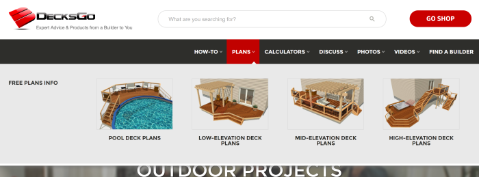 The DecksGo.com home page after hovering over "Plans" in the mega-menu.