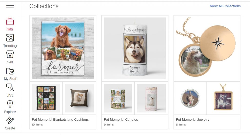Examples of pet loss Zazzle collections.