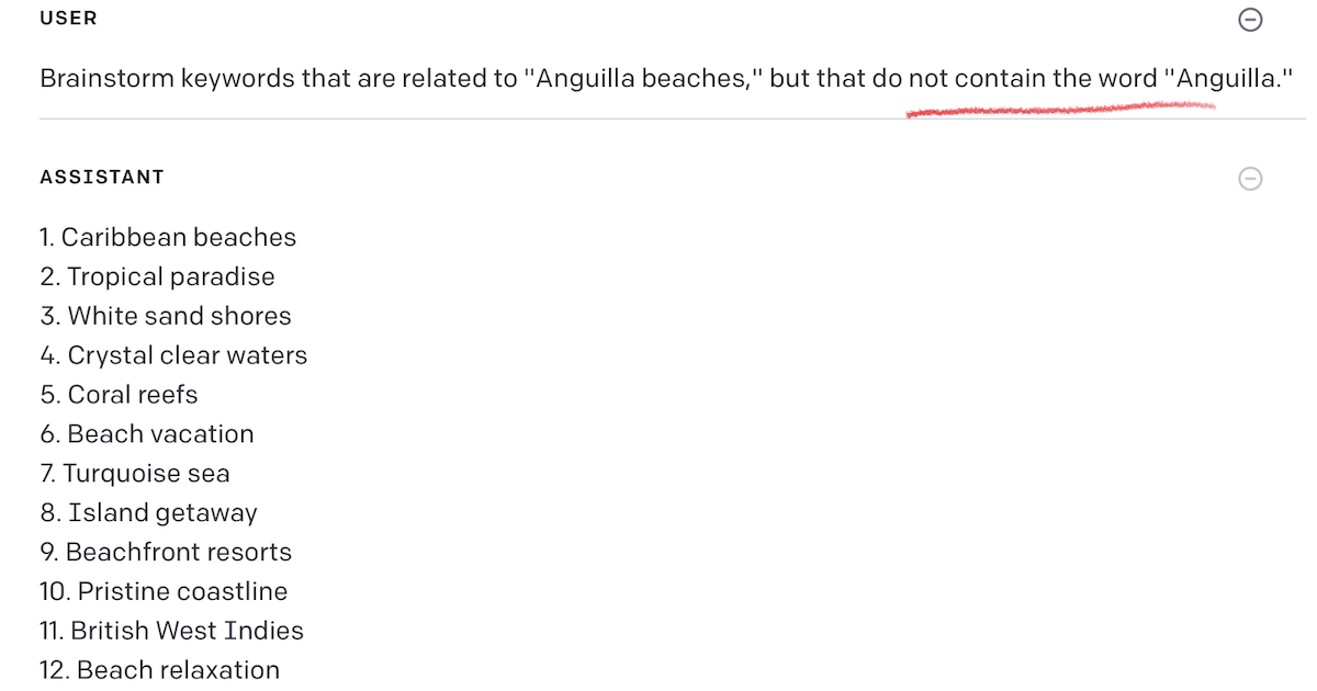Brainstorm keywords that exclude Anguilla