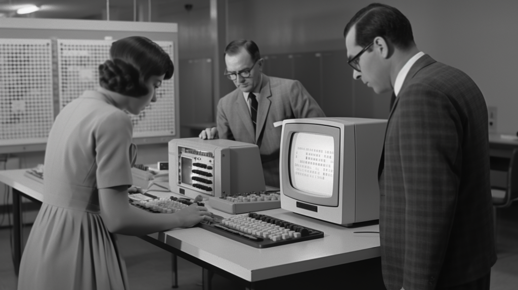 Image of people in a computer lab in 1959 teaching it how to play checkers.