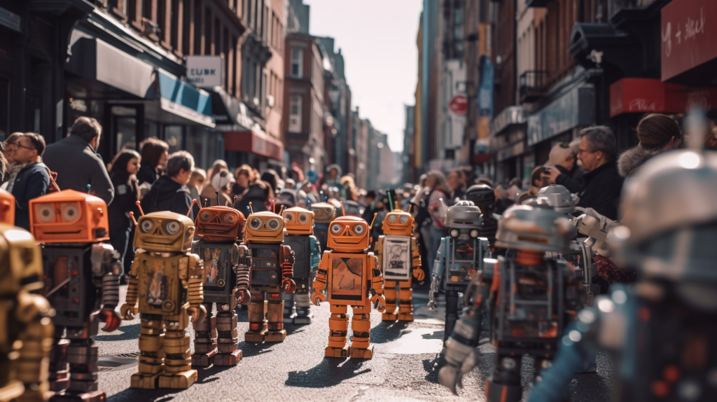 An image of a storm of AI robots walking through the street