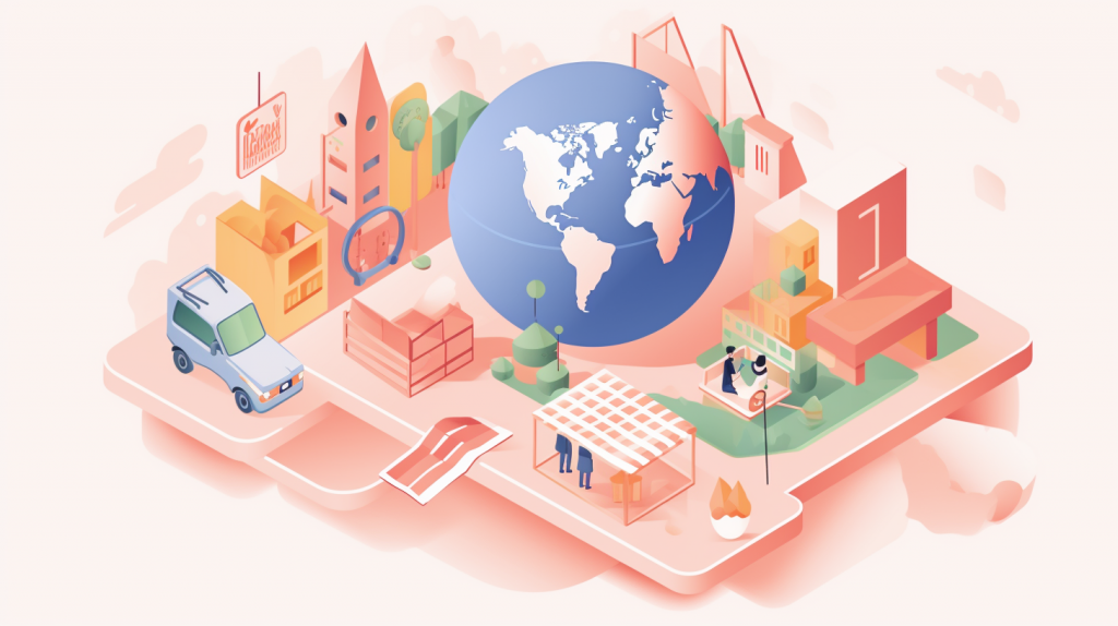 Image of neighborhood and globe representing buy locally, earn globally