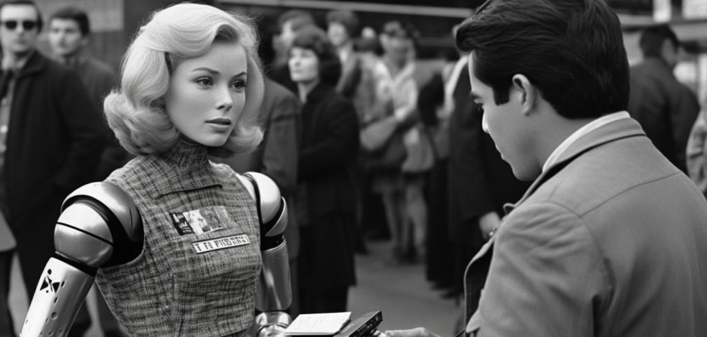 image of an old fashioned 1960's picture of a new york times reporter interviewing a human looking female robot