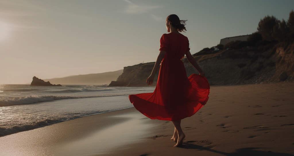 An elegant cinematic shot of a beautiful woman wearing a red dress and white shoes freely dancing on a beach in Spain, she has a very elegant form