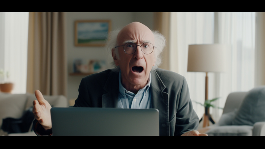 daytime photograph, bright natural light, overexposed, an excited Larry David who is confused, working on a laptop in a large bright living room with many windows