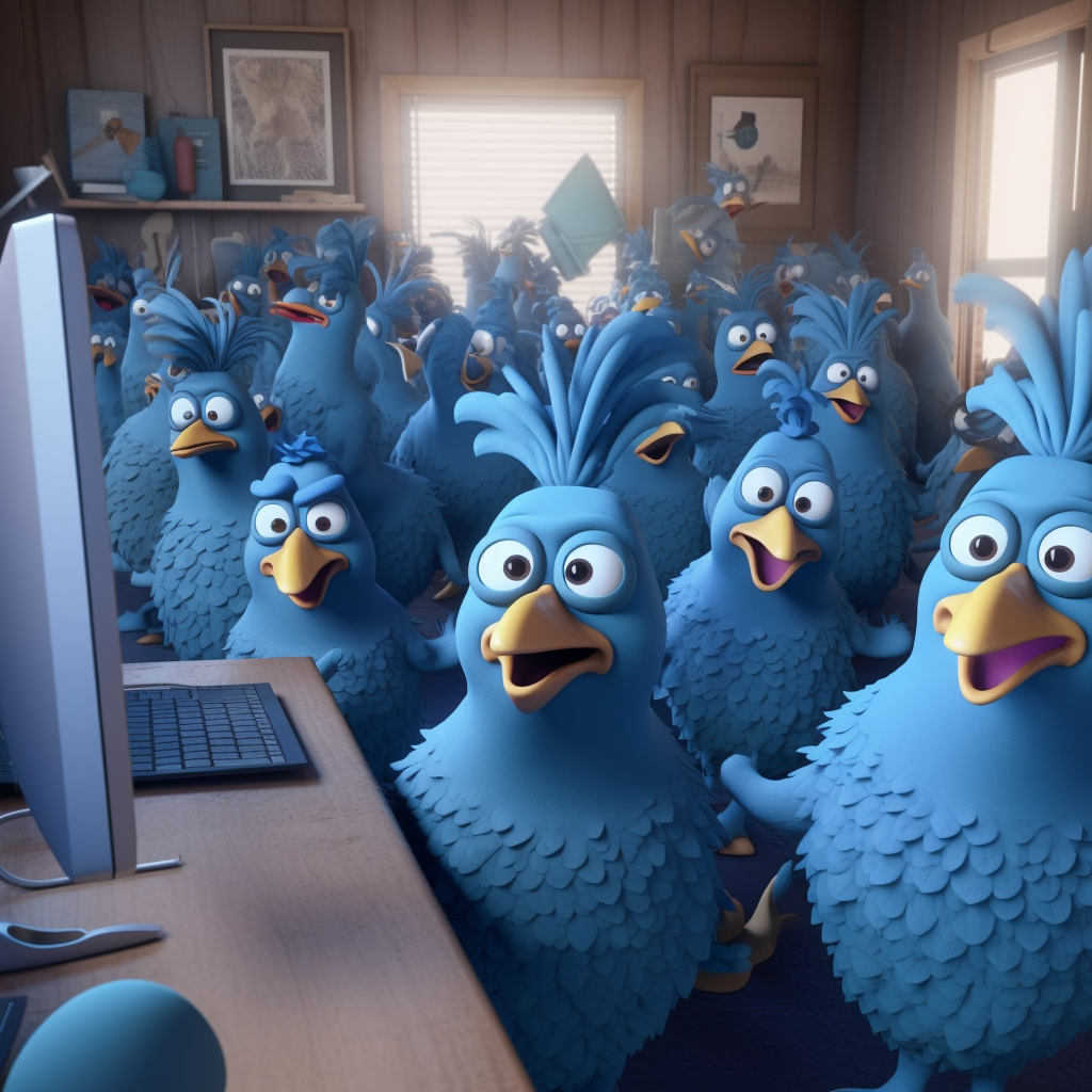 Prompt: funny, realistic, a large group of cartoon character blue chickens making funny faces running around a laptop computer on a desk in a room